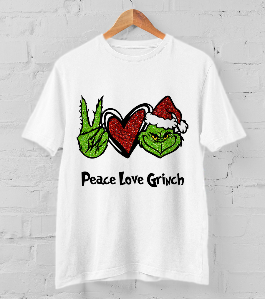 Peace Love Grinch Glitter Christmas Santa Hat T-Shirt