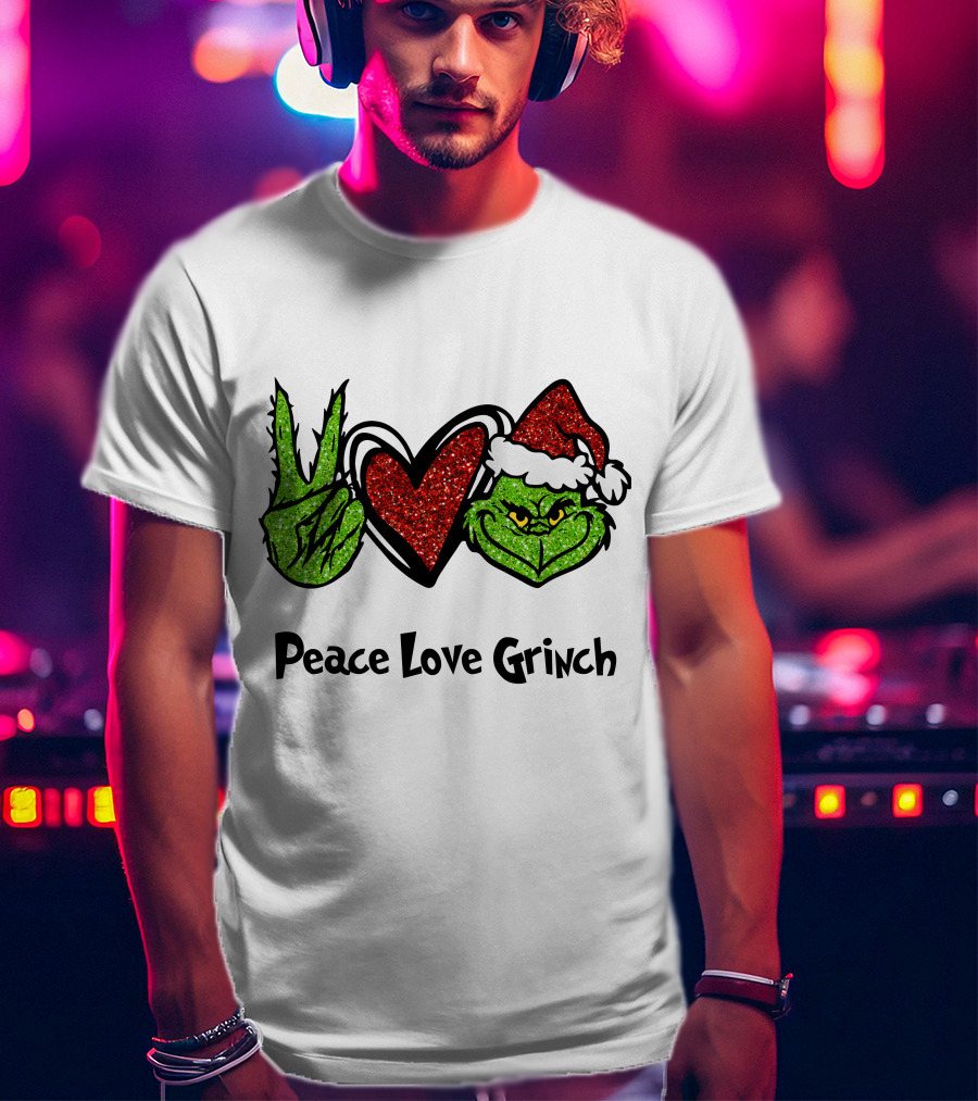 Peace Love Grinch Glitter Christmas Santa Hat T-Shirt