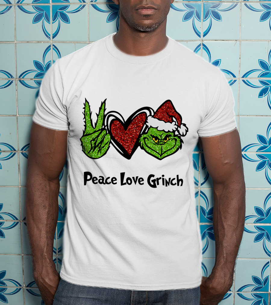 Peace Love Grinch Glitter Christmas Santa Hat T-Shirt