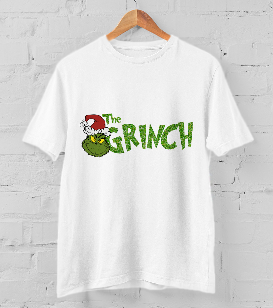 The Grinch Santa Hat Christmas Green Glittery Text T-Shirt