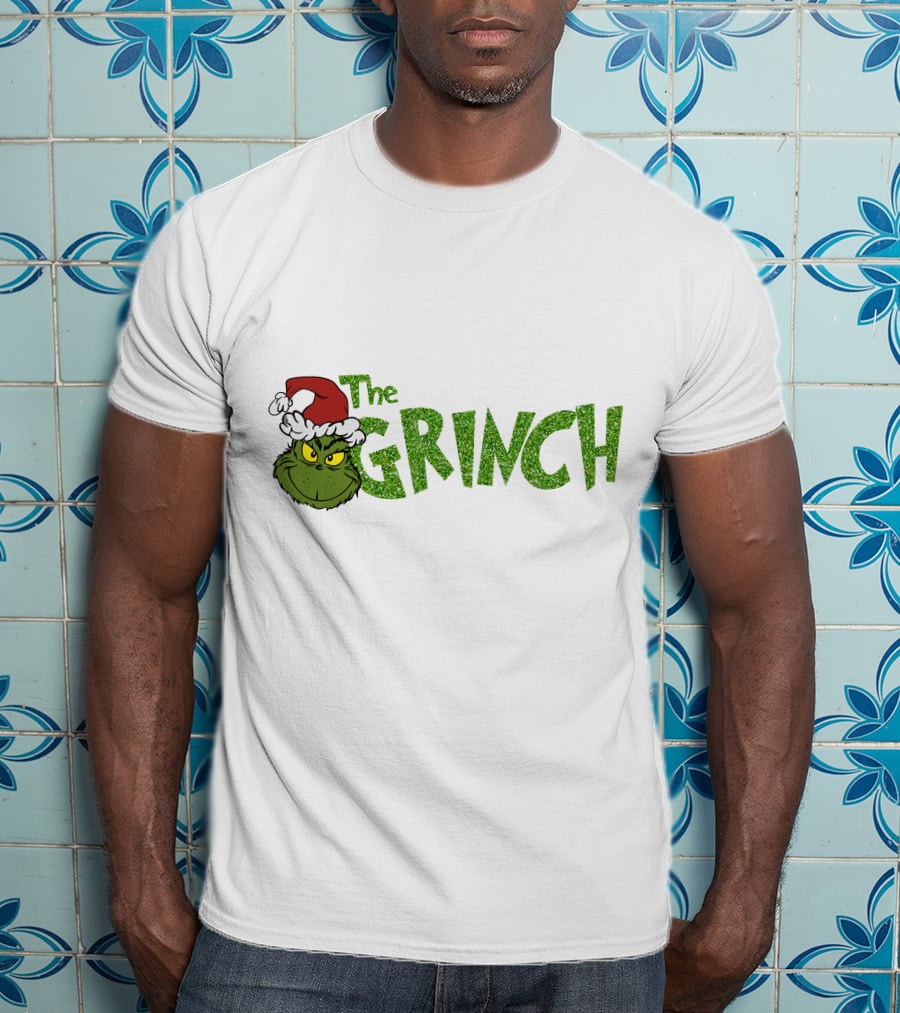 The Grinch Santa Hat Christmas Green Glittery Text T-Shirt