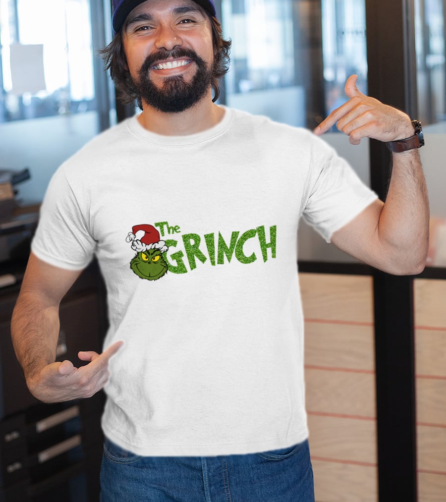 The Grinch Santa Hat Christmas Green Glittery Text T-Shirt