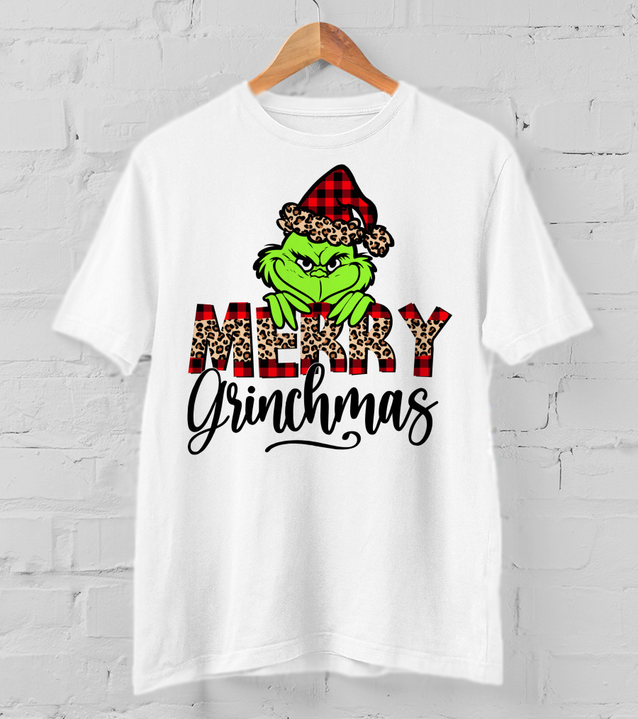 Merry Grinchmas Red Plaid And Leopard Print Christmas Grinch T-Shirt