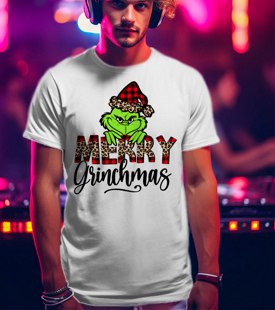 Merry Grinchmas Red Plaid And Leopard Print Christmas Grinch T-Shirt
