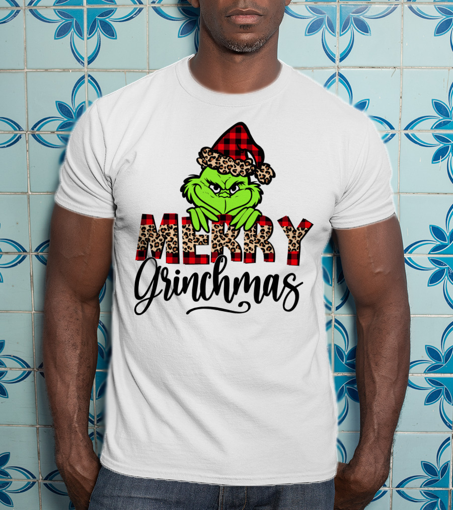 Merry Grinchmas Red Plaid And Leopard Print Christmas Grinch T-Shirt