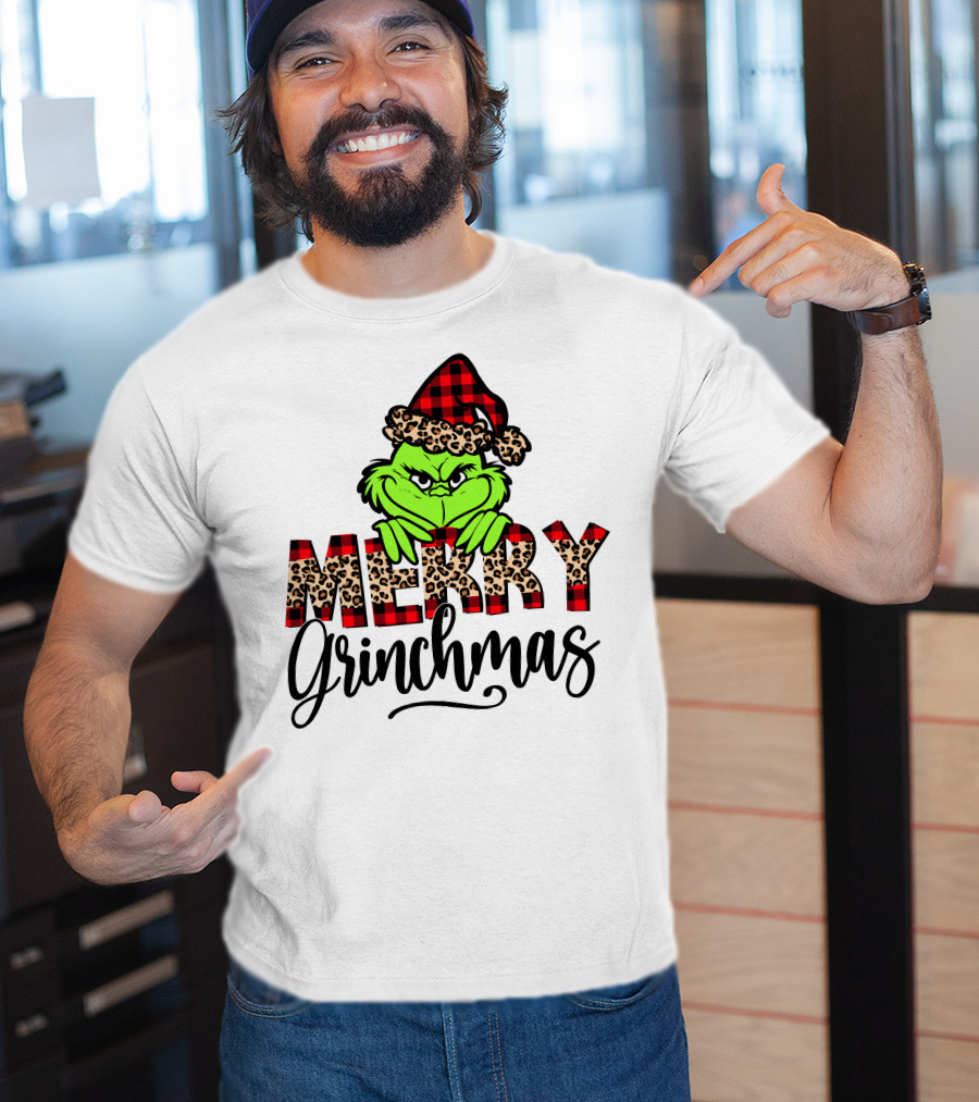 Merry Grinchmas Red Plaid And Leopard Print Christmas Grinch T-Shirt