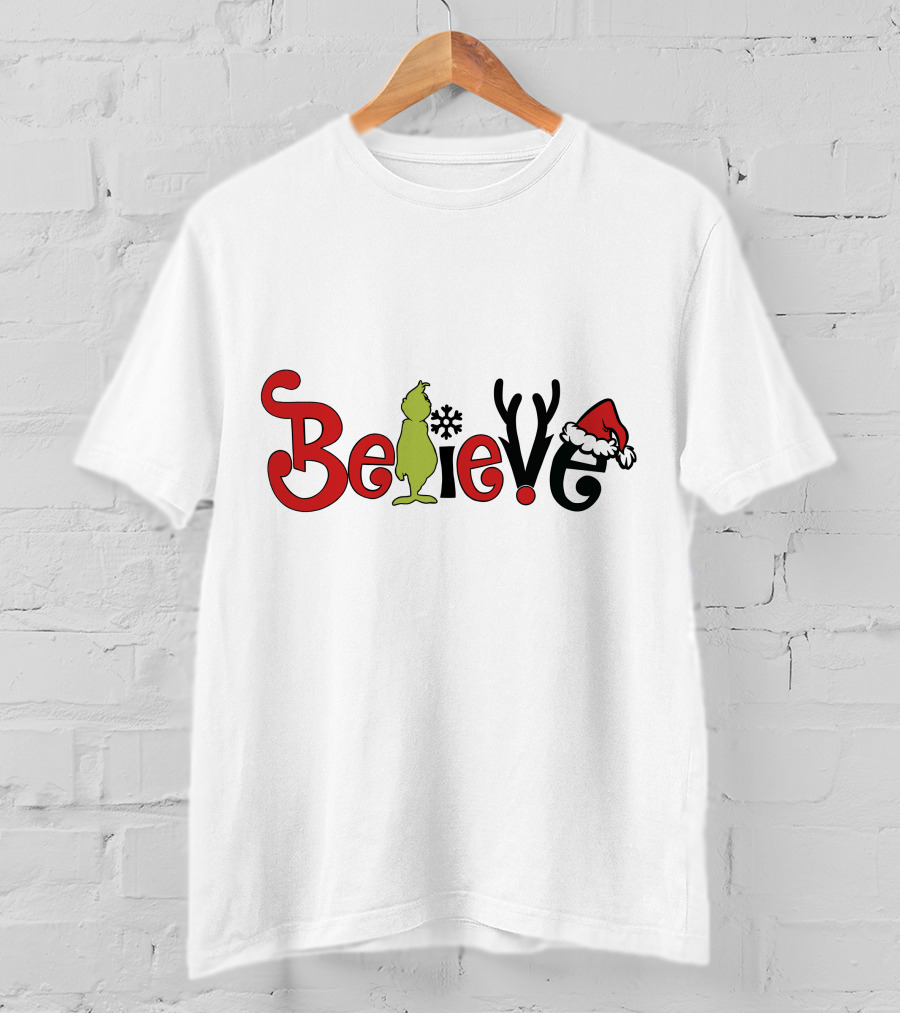 Grinch Believe Christmas Santa Hat Antlers T-Shirt