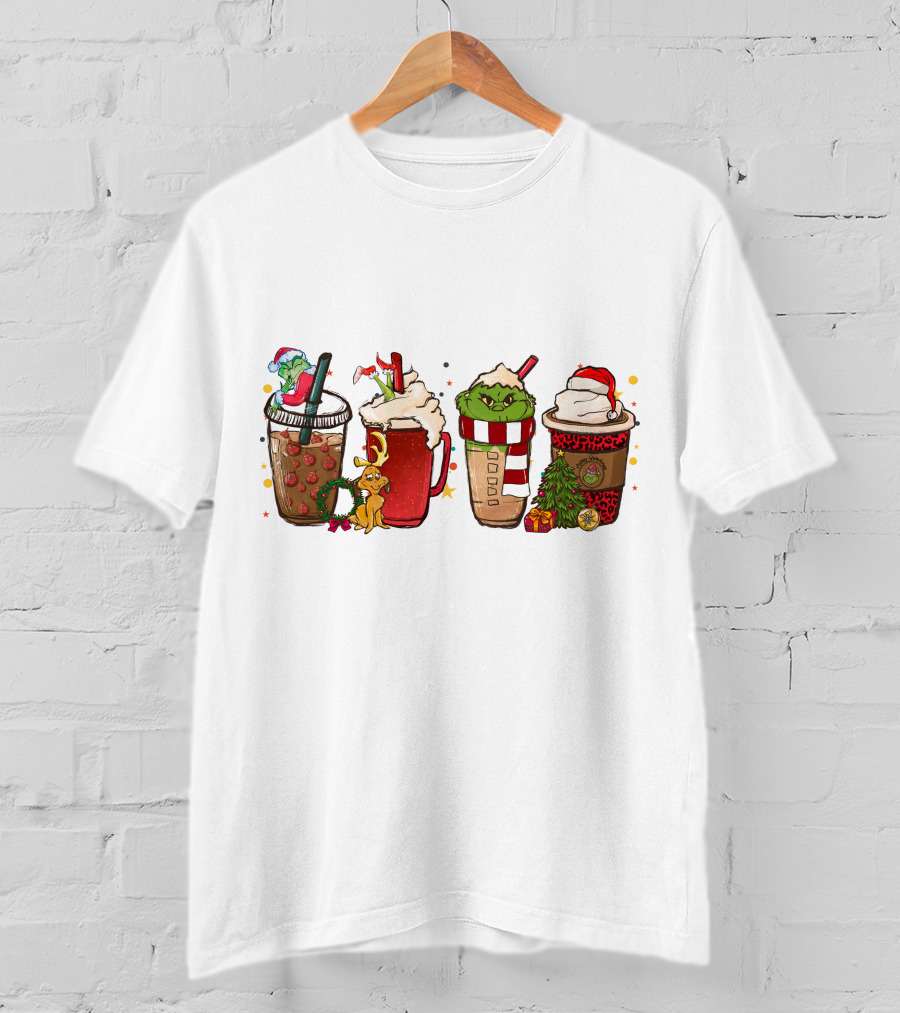 Grinch Christmas Coffee Drinks With Santa Hats And Holiday Decorations T-Shirt
