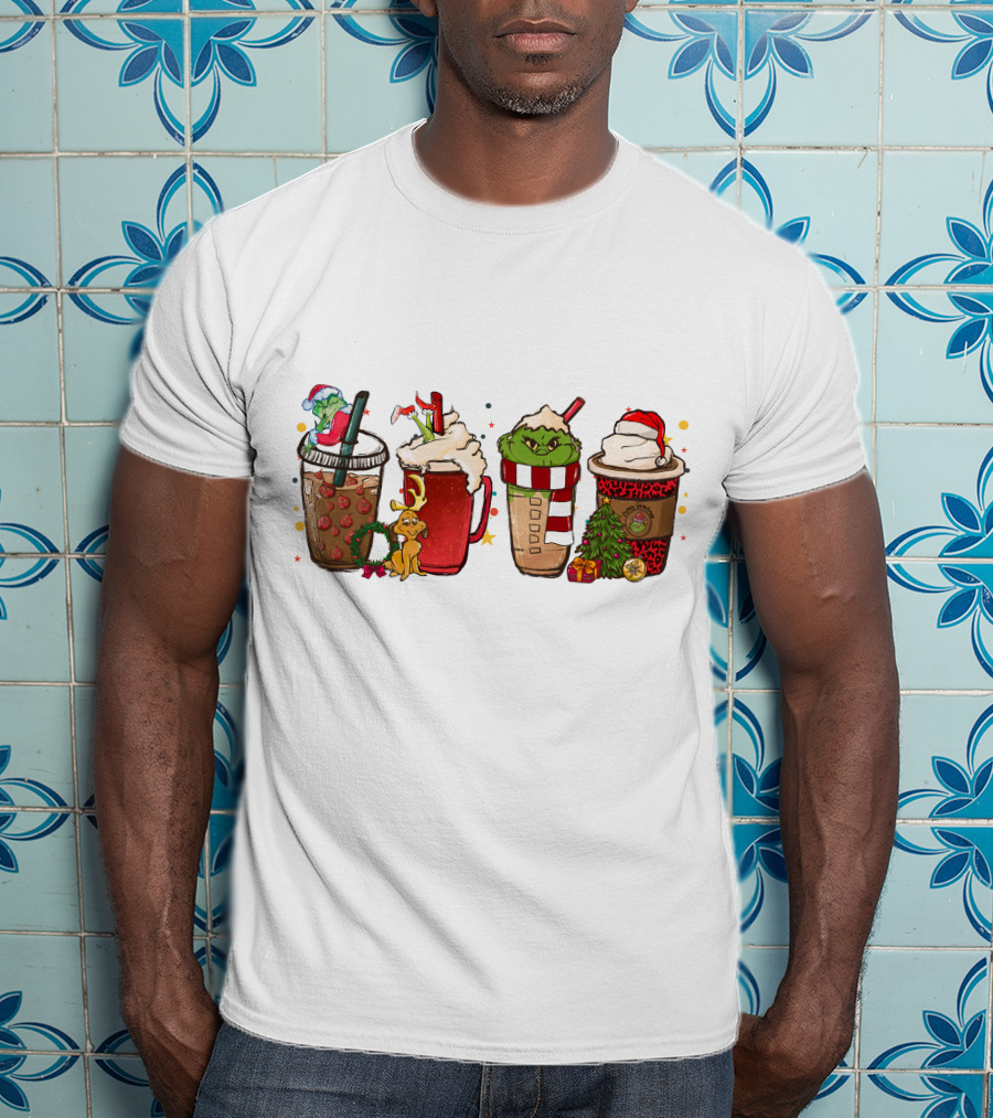 Grinch Christmas Coffee Drinks With Santa Hats And Holiday Decorations T-Shirt