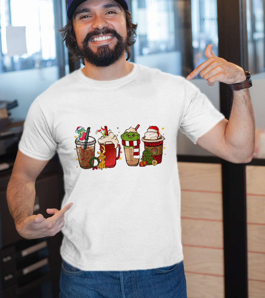 Grinch Christmas Coffee Drinks With Santa Hats And Holiday Decorations T-Shirt