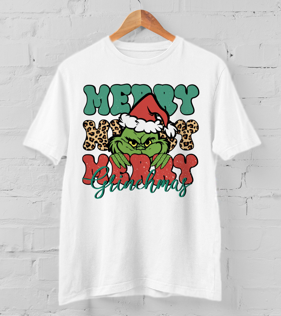 Merry Grinchmas Merry Merry Merry Grinch Christmas Santa Hat Green Face Leopard Print T-Shirt