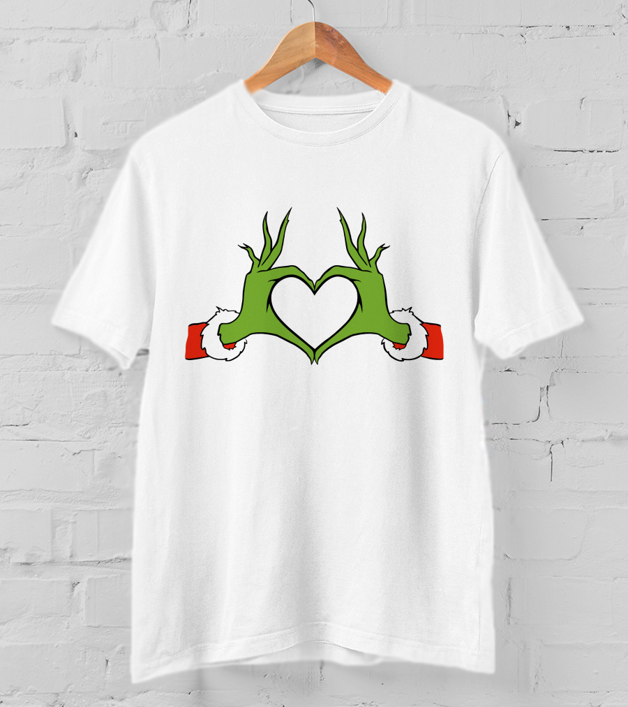 Grinch Hand Heart Christmas Santa Sleeve T-Shirt