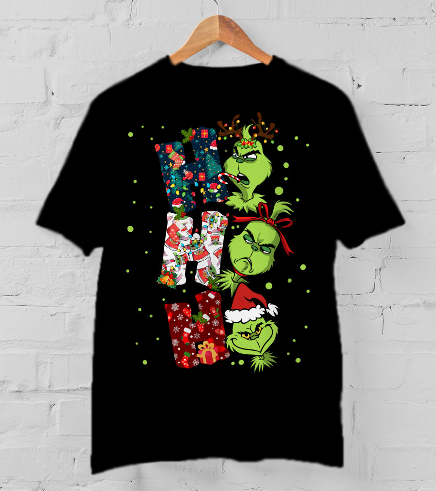 Grinch Ho Ho Ho Christmas Characters With Antlers And Santa Hat T-Shirt