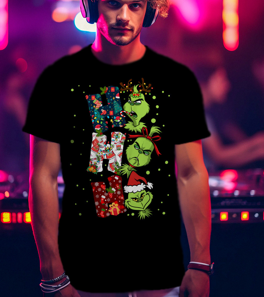 Grinch Ho Ho Ho Christmas Characters With Antlers And Santa Hat T-Shirt