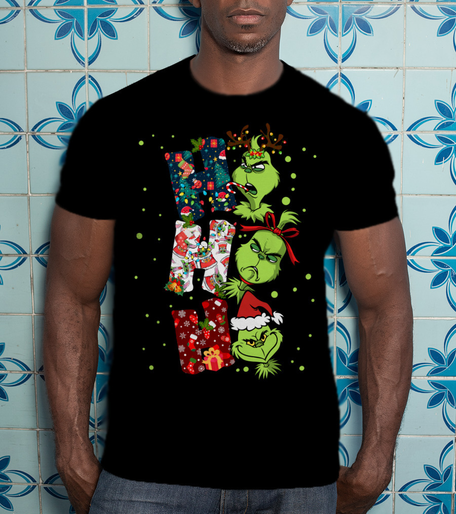 Grinch Ho Ho Ho Christmas Characters With Antlers And Santa Hat T-Shirt