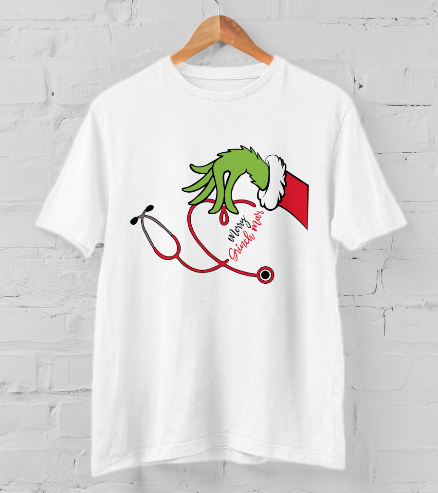Merry Grinchmas Nurse Stethoscope Christmas Grinch Hand T-Shirt