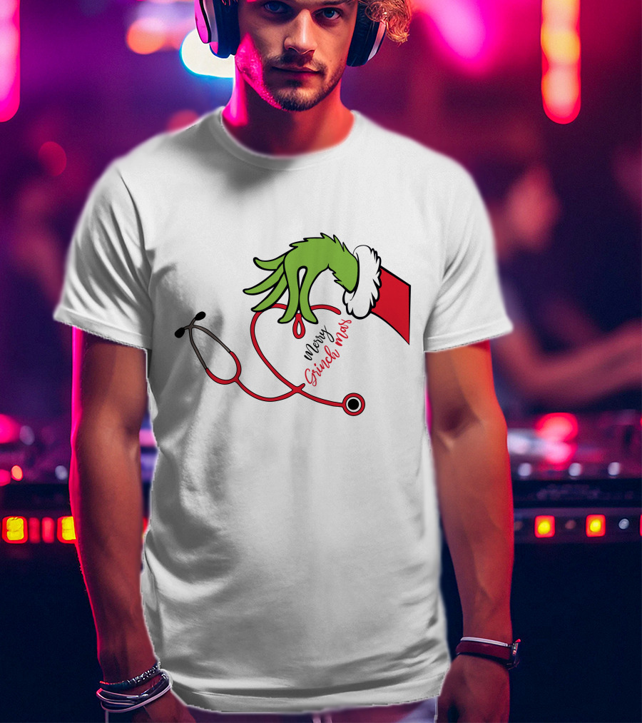 Merry Grinchmas Nurse Stethoscope Christmas Grinch Hand T-Shirt