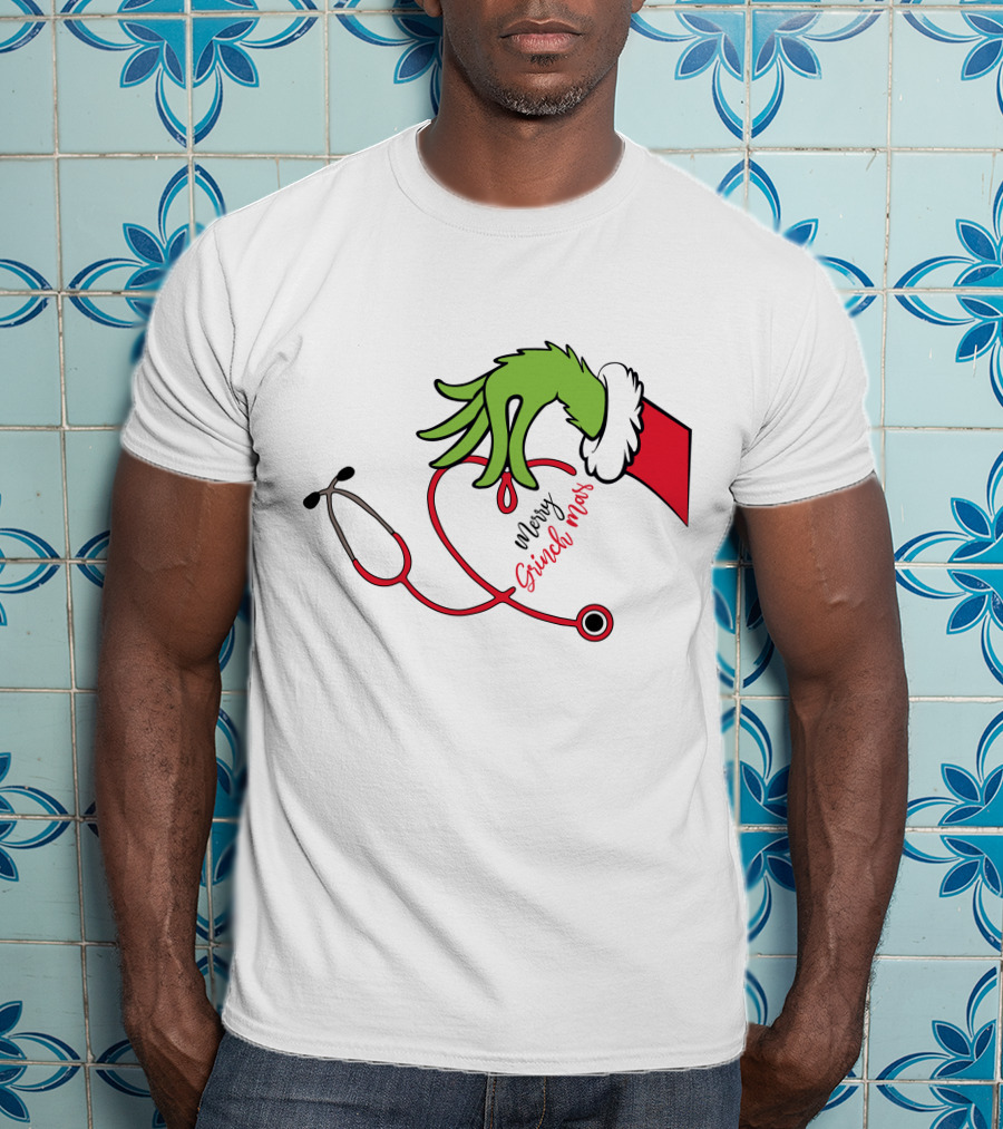 Merry Grinchmas Nurse Stethoscope Christmas Grinch Hand T-Shirt