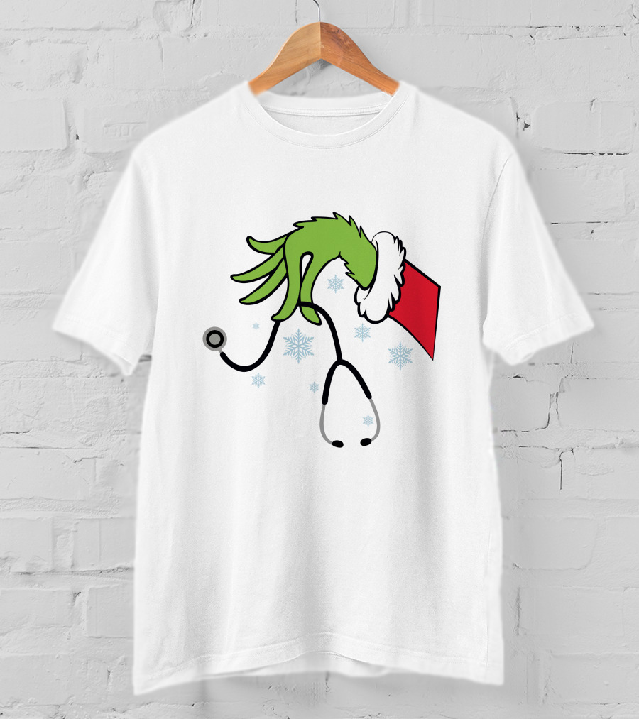 Grinch Nurse Christmas Doctor Stethoscope Hand Snowflakes T-Shirt