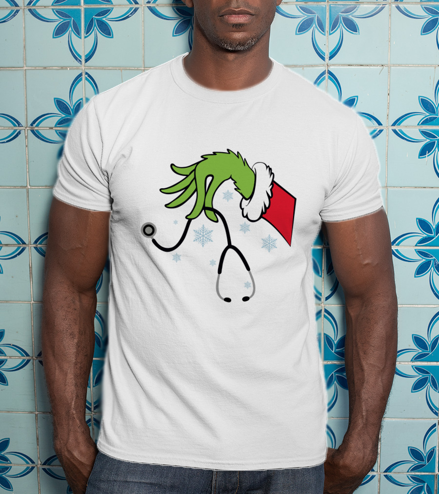 Grinch Nurse Christmas Doctor Stethoscope Hand Snowflakes T-Shirt