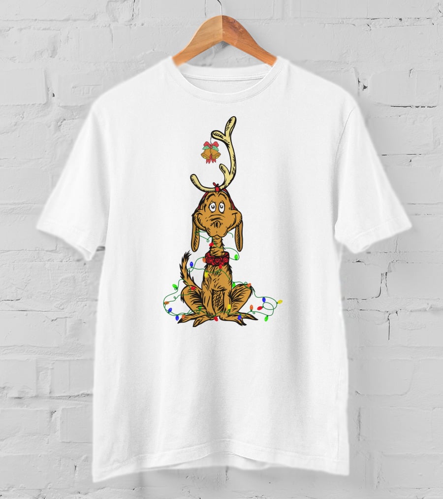 Grinch Max With Christmas Lights And Antlers T-Shirt