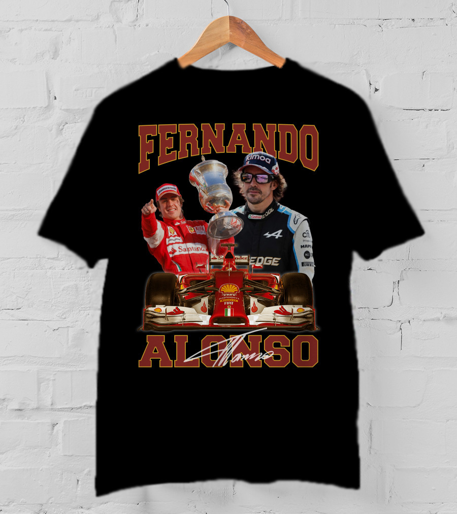 Fernando Alonso F1 Racing Legend With Trophy And Cars T-Shirt