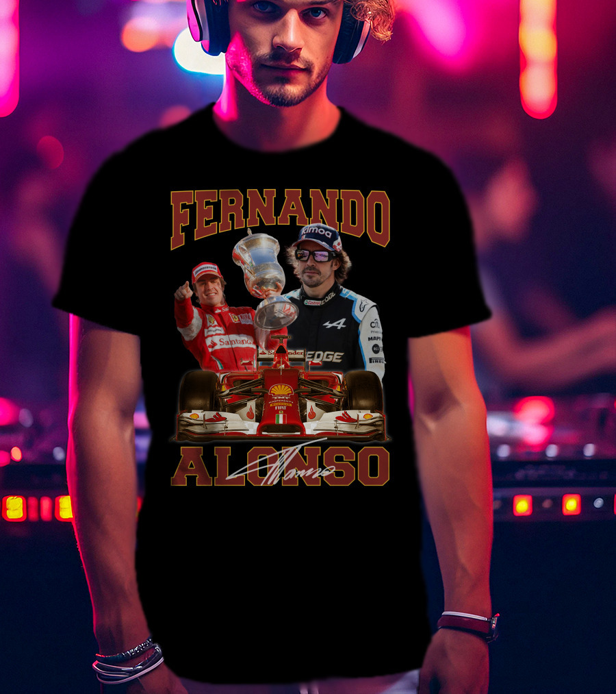 Fernando Alonso F1 Racing Legend With Trophy And Cars T-Shirt