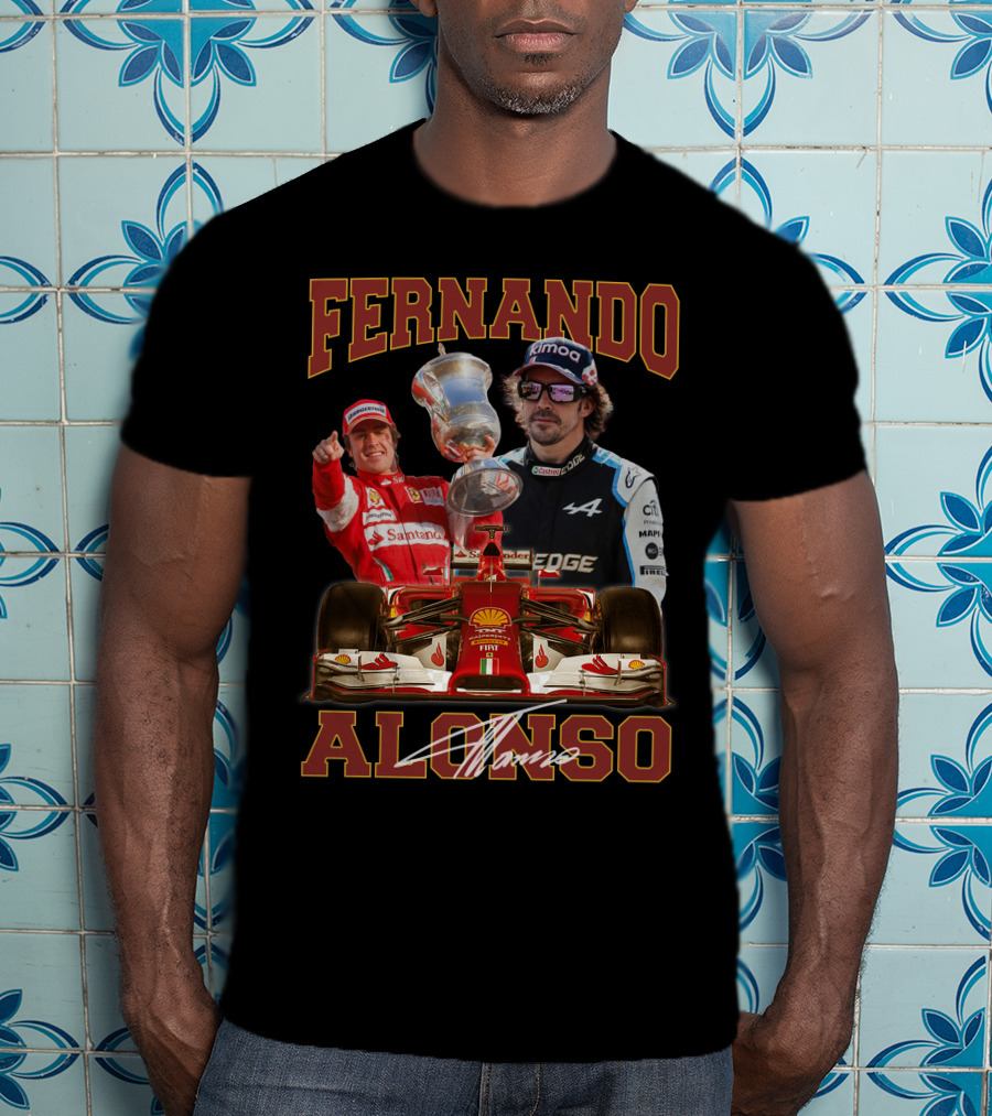 Fernando Alonso F1 Racing Legend With Trophy And Cars T-Shirt