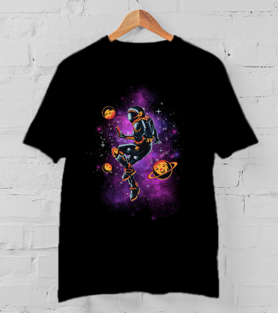 Astronaut Exploring Cosmic Emojis In Vibrant Galaxy Space Adventure T-Shirt