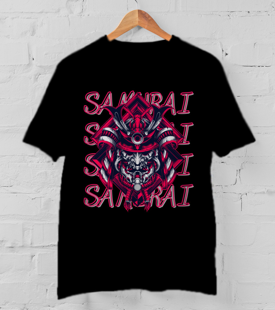 Samurai Warrior Mask With Repeated Samurai Text T-Shirt