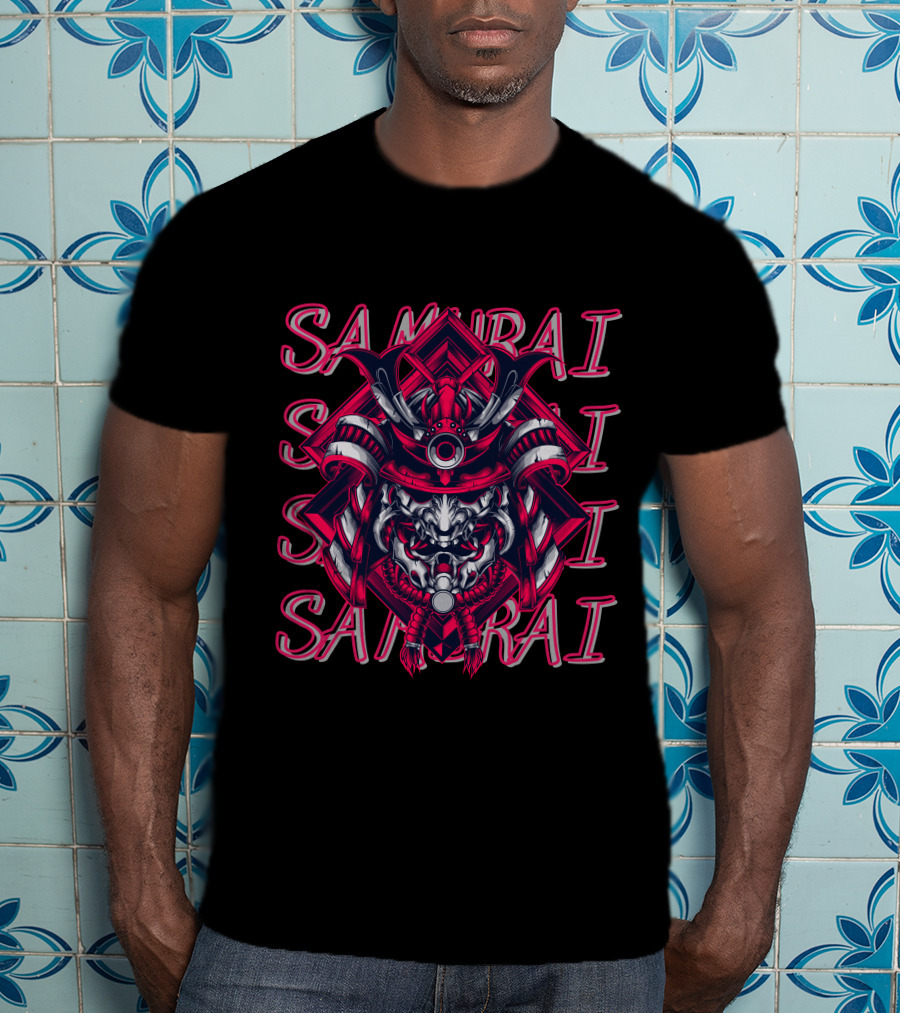 Samurai Warrior Mask With Repeated Samurai Text T-Shirt
