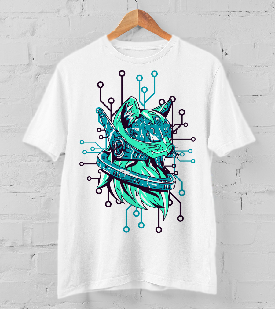 Futuristic Cybernetic Cat With Circuitry Elements T-Shirt