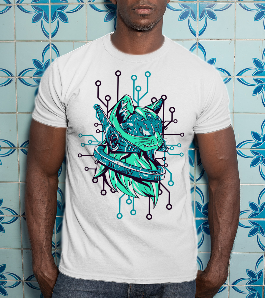 Futuristic Cybernetic Cat With Circuitry Elements T-Shirt