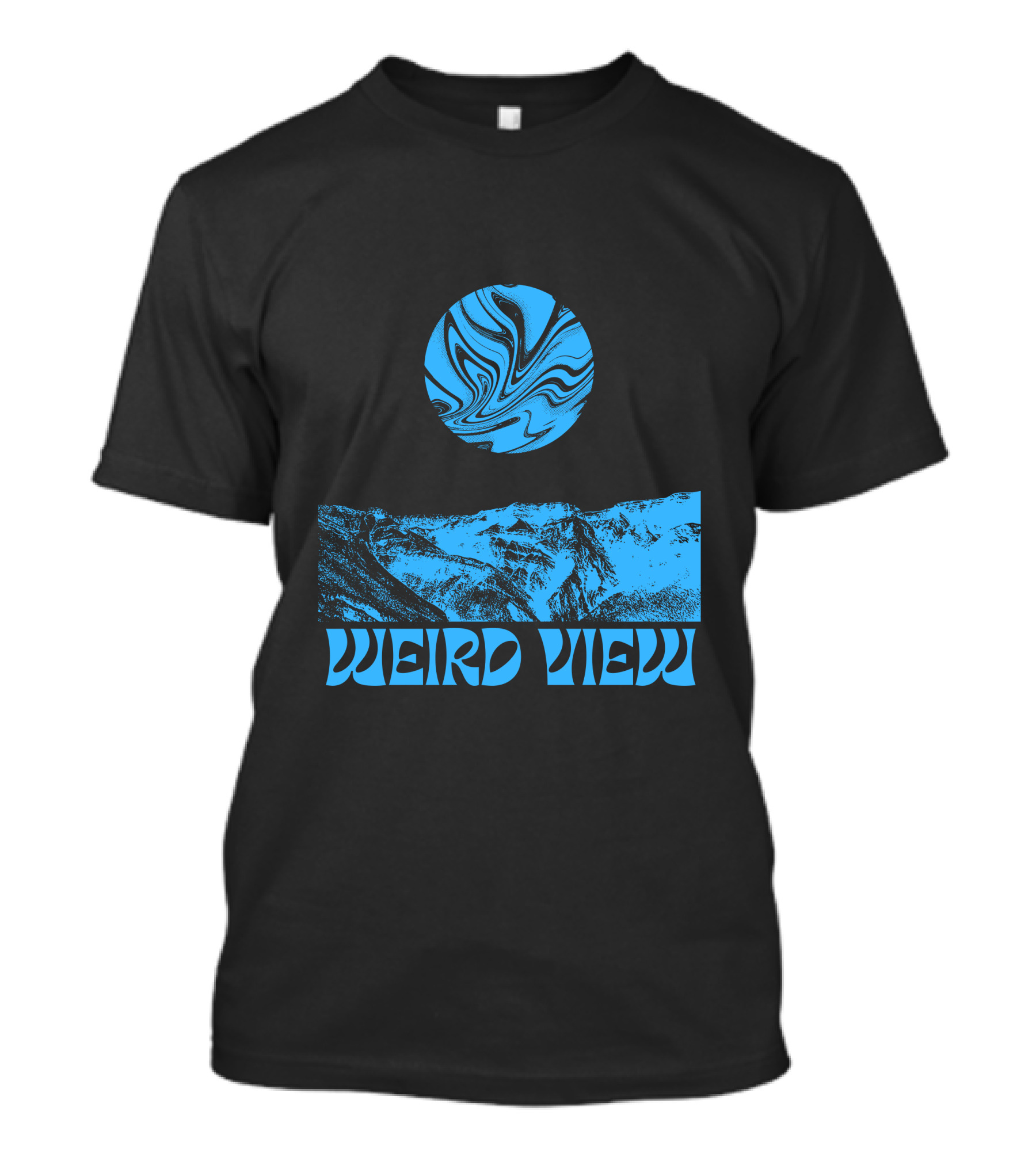 Weird View Surreal Blue Mountain Landscape With Swirling Sky T-Shirt