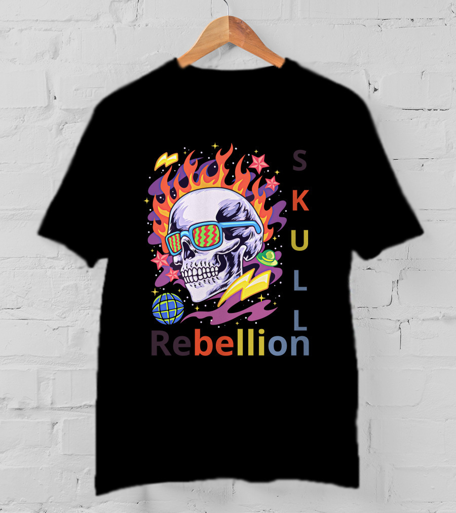 Rebellion Skull With Fiery Sunglasses And Cosmic Elements T-Shirt