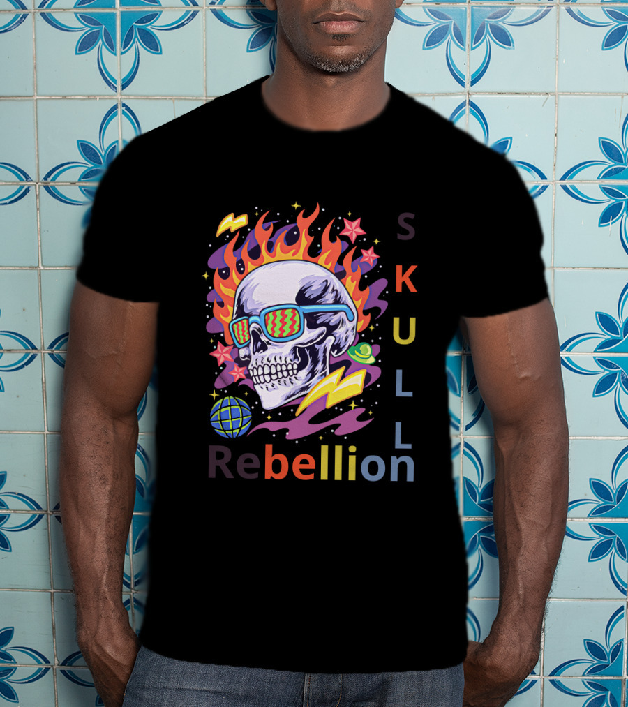 Rebellion Skull With Fiery Sunglasses And Cosmic Elements T-Shirt