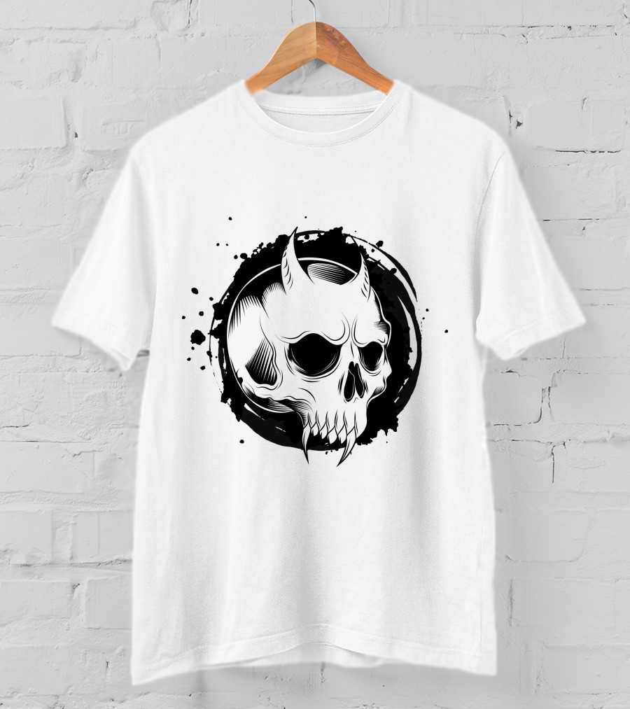 Demon Skull Horned Black Ink Splatter T-Shirt