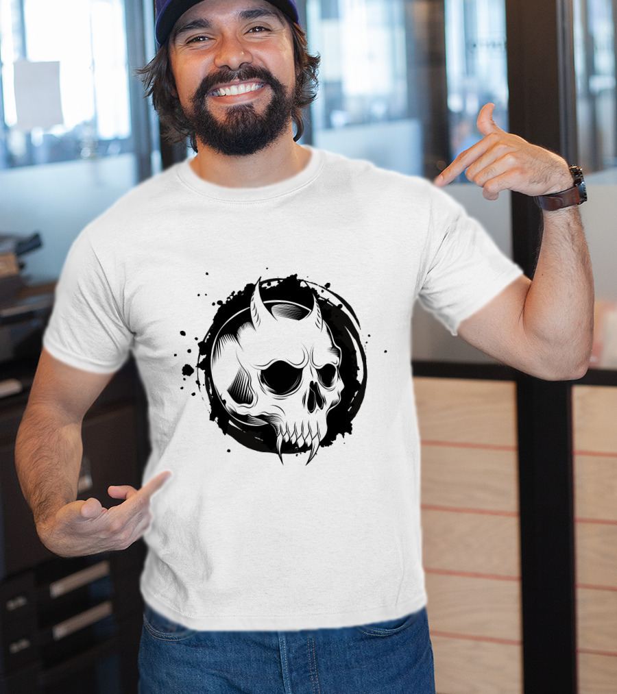Demon Skull Horned Black Ink Splatter T-Shirt