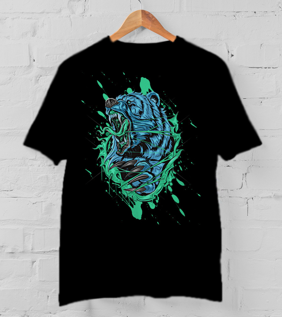 Angry Bear Roaring In Dynamic Teal And Black Paint Splash T-Shirt