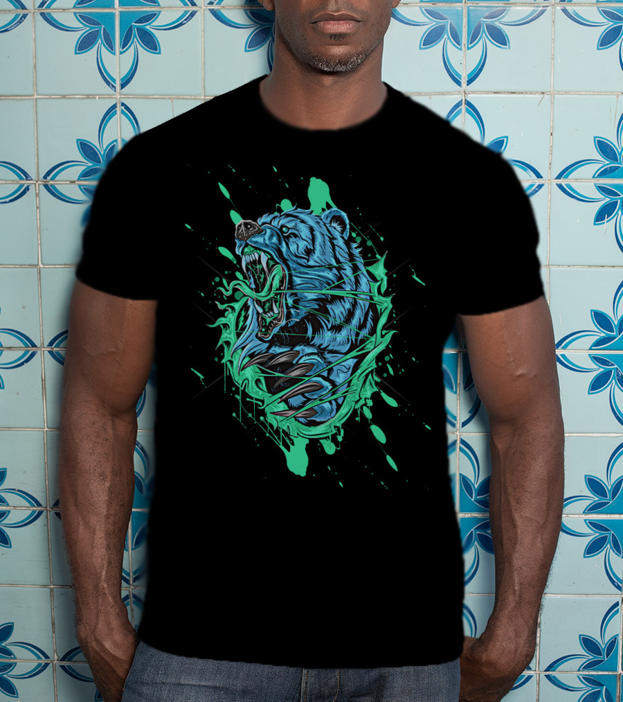 Angry Bear Roaring In Dynamic Teal And Black Paint Splash T-Shirt