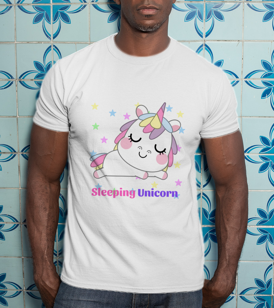 Sleeping Unicorn Rainbow Stars Cute Pastel Colors T-Shirt