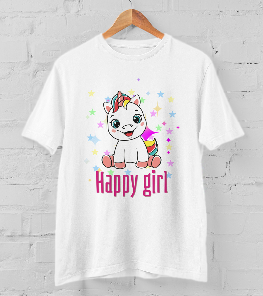 Happy Girl Colorful Unicorn Surrounded By Stars T-Shirt