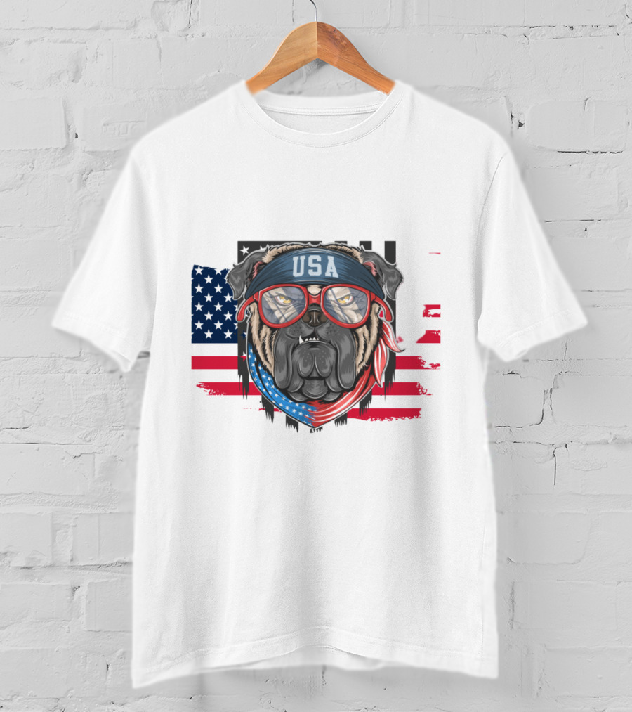 USA Bandana Glasses American Bulldog With Flag Background T-Shirt
