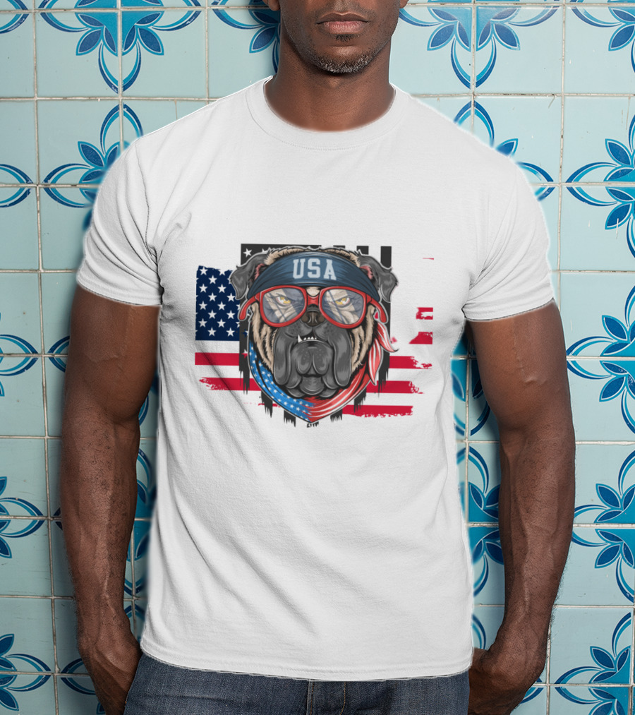 USA Bandana Glasses American Bulldog With Flag Background T-Shirt