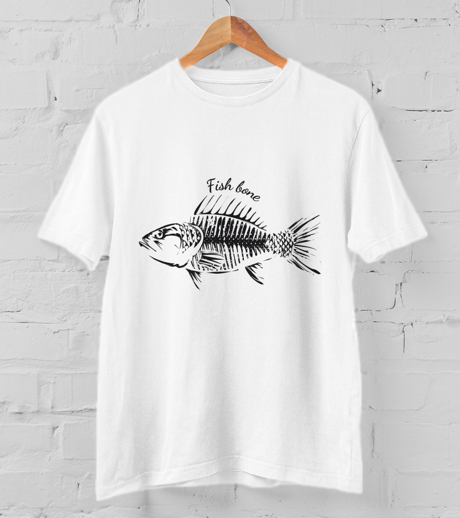 Fish Bone Hand-Drawn Sketch With Text Detailing T-Shirt