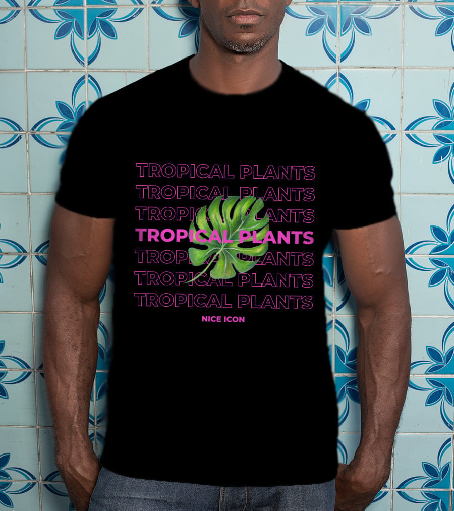 Tropical Plants Nice Icon Monstera Leaf Repeated Text T-Shirt