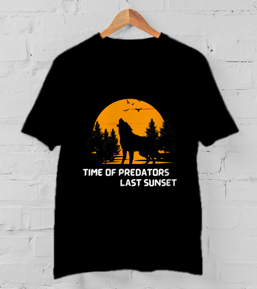Time Of Predators Last Sunset Wolf Silhouette Against Orange Sky With Trees And Birds T-Shirt