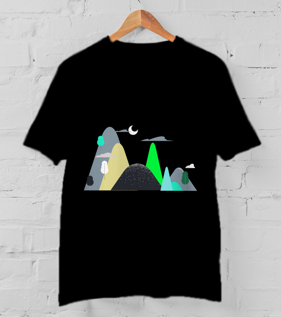 Mountains Moon Night Scene With Trees And Clouds T-Shirt