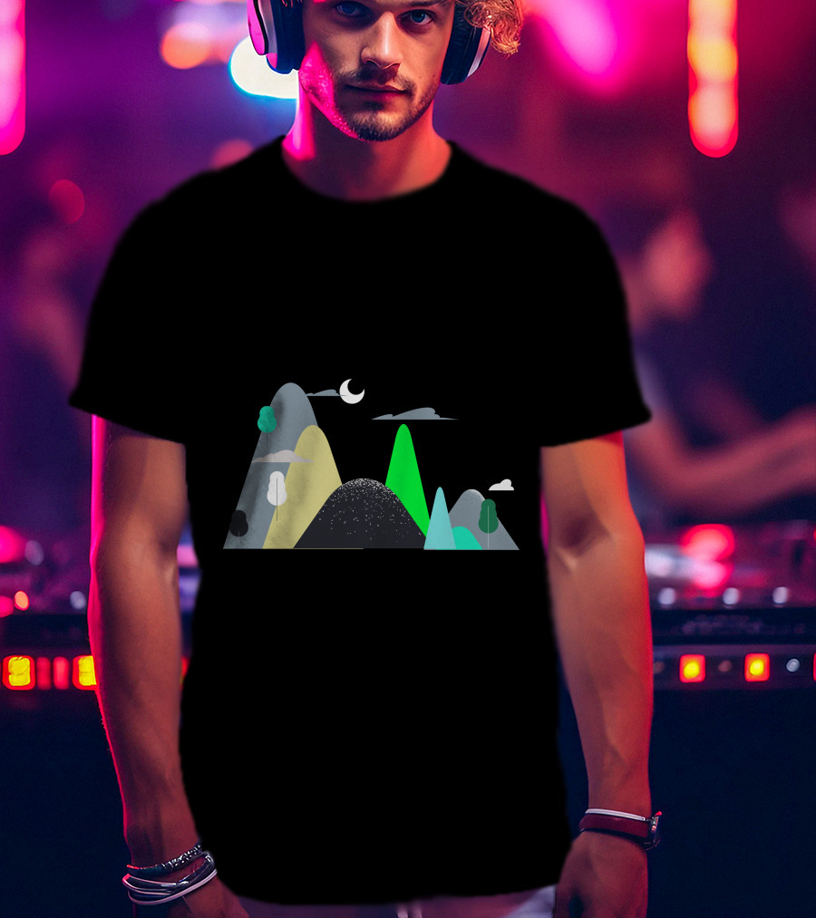 Mountains Moon Night Scene With Trees And Clouds T-Shirt