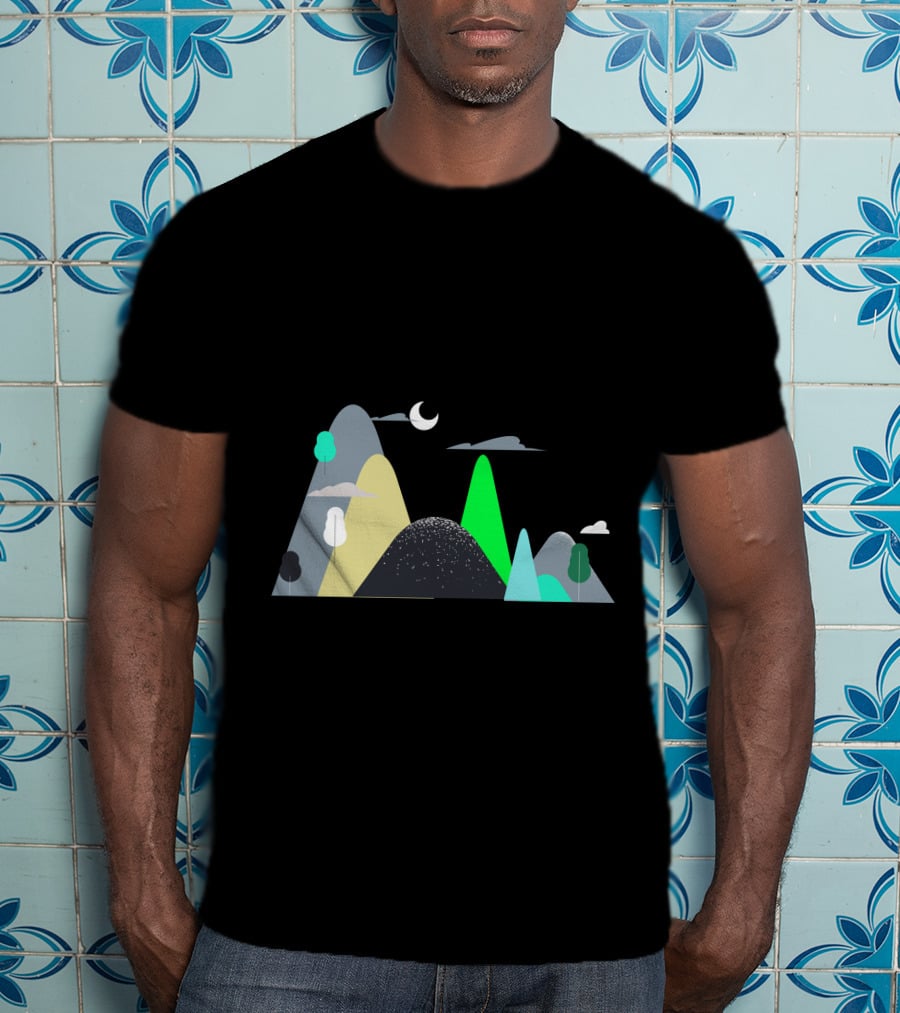 Mountains Moon Night Scene With Trees And Clouds T-Shirt